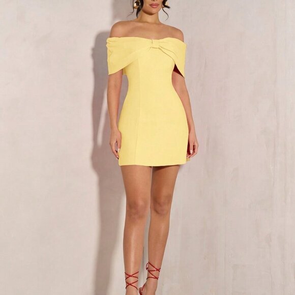 Yellow Elegant Women's Off Shoulder Bowknot Cocktail Mini Dress - Picture 4 of 7